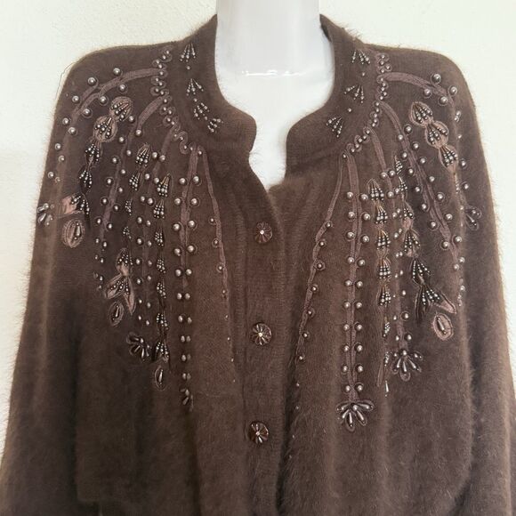 𝅺Vintage Angora Cardigan Sweater Medium Super Soft Fluffy Brown Womens Beaded - Picture 2 of 11